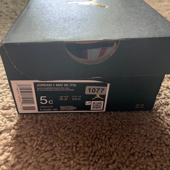 Jordan Toddlers 1 Mid Basketball Sneakers 5C White/Dune Red/Sail/Lobster - Picture 7 of 8